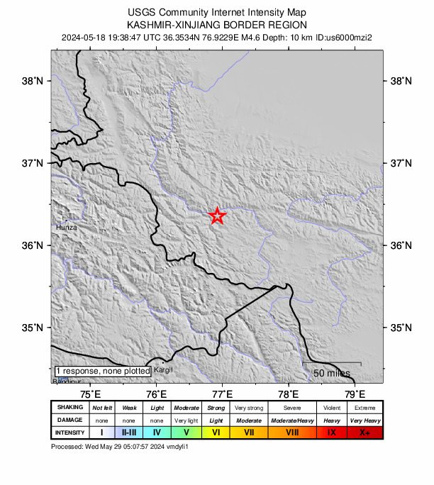 USGS DYFI community-reported intensity map for the M4.6 earthquake near 157 km S of Damusi, China