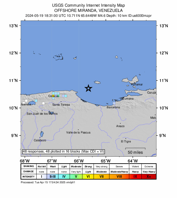 USGS DYFI community-reported intensity map for the M4.6 earthquake near 55 km ENE of Higuerote, Venezuela