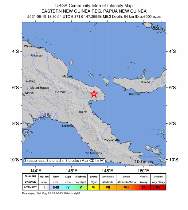USGS DYFI community-reported intensity map for the M5.3 earthquake near 48 km NE of Lae, Papua New Guinea