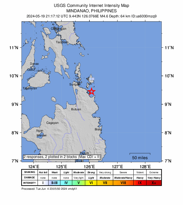 USGS DYFI community-reported intensity map for the M4.6 earthquake near 16 km ENE of Carrascal, Philippines