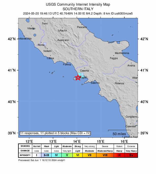 USGS DYFI community-reported intensity map for the M4.2 earthquake near 3 km ENE of Procida, Italy