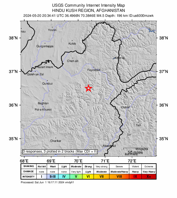 USGS DYFI community-reported intensity map for the M4.5 earthquake near 47 km E of Farkhār, Afghanistan