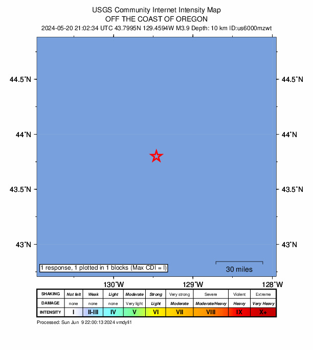 USGS DYFI community-reported intensity map for the M3.9 earthquake near off the coast of Oregon