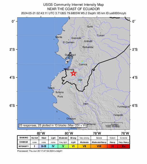 USGS DYFI community-reported intensity map for the M5.1 earthquake near 3 km S of Piñas, Ecuador