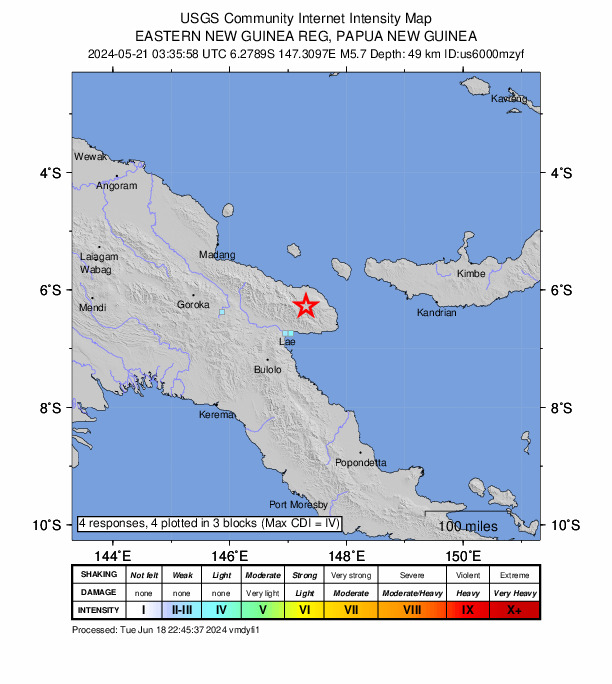 USGS DYFI community-reported intensity map for the M5.7 earthquake near 57 km NE of Lae, Papua New Guinea