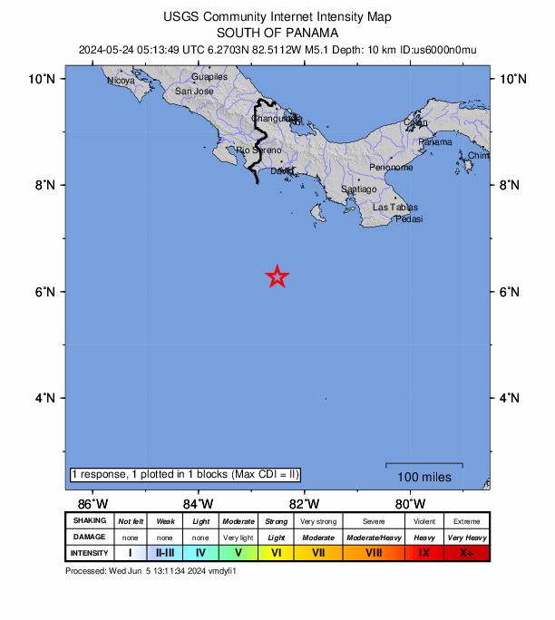 USGS DYFI community-reported intensity map for the M5.1 earthquake near 199 km SSE of Burica, Panama