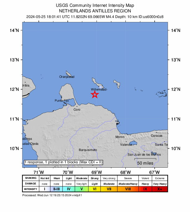 USGS DYFI community-reported intensity map for the M4.4 earthquake near 48 km NE of Puerto Cumarebo, Venezuela