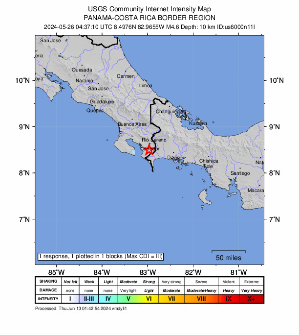 USGS DYFI community-reported intensity map for the M4.6 earthquake near 14 km WSW of Canoas, Costa Rica