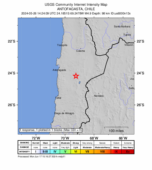 USGS DYFI community-reported intensity map for the M5.1 earthquake near 130 km ESE of Antofagasta, Chile
