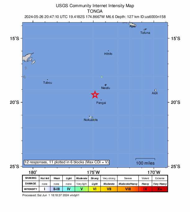 USGS DYFI community-reported intensity map for the M6.6 earthquake near 70 km NW of Fangale’ounga, Tonga