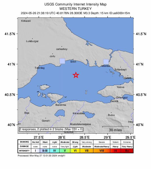 USGS DYFI community-reported intensity map for the M3.3 earthquake near 26 km S of Selimpaşa, Turkey