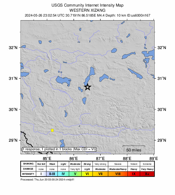 USGS DYFI community-reported intensity map for the M4.4 earthquake near 198 km NE of Saga, China