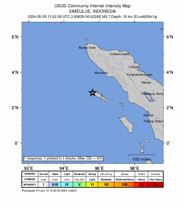 USGS DYFI community-reported intensity map for the M5.7 earthquake near 93 km WNW of Sinabang, Indonesia