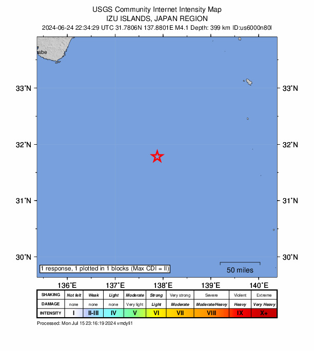 USGS DYFI community-reported intensity map for the M4.1 earthquake near 271 km SE of Kushimoto, Japan