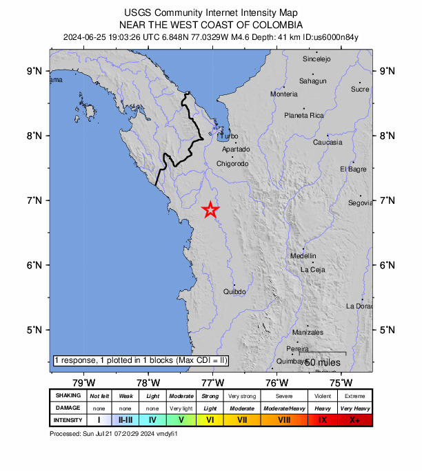 USGS DYFI community-reported intensity map for the M4.6 earthquake near 27 km WSW of Murindó, Colombia