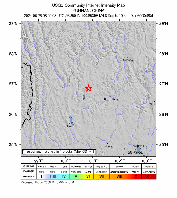 USGS DYFI community-reported intensity map for the M4.8 earthquake near 6 km W of Zhanhe, China