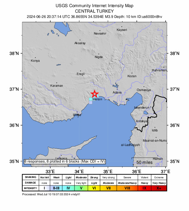 USGS DYFI community-reported intensity map for the M3.9 earthquake near 10 km NW of Mersin, Turkey
