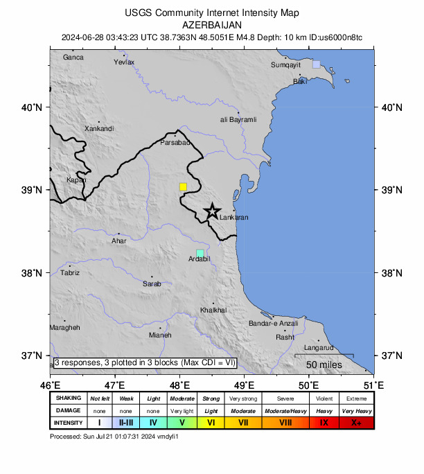 USGS DYFI community-reported intensity map for the M4.8 earthquake near 8 km ESE of Lerik, Azerbaijan