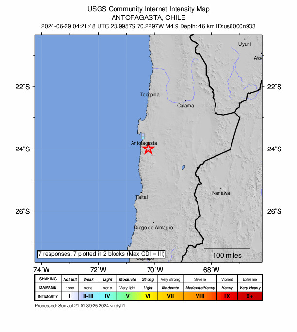 USGS DYFI community-reported intensity map for the M4.9 earthquake near 41 km SSE of Antofagasta, Chile