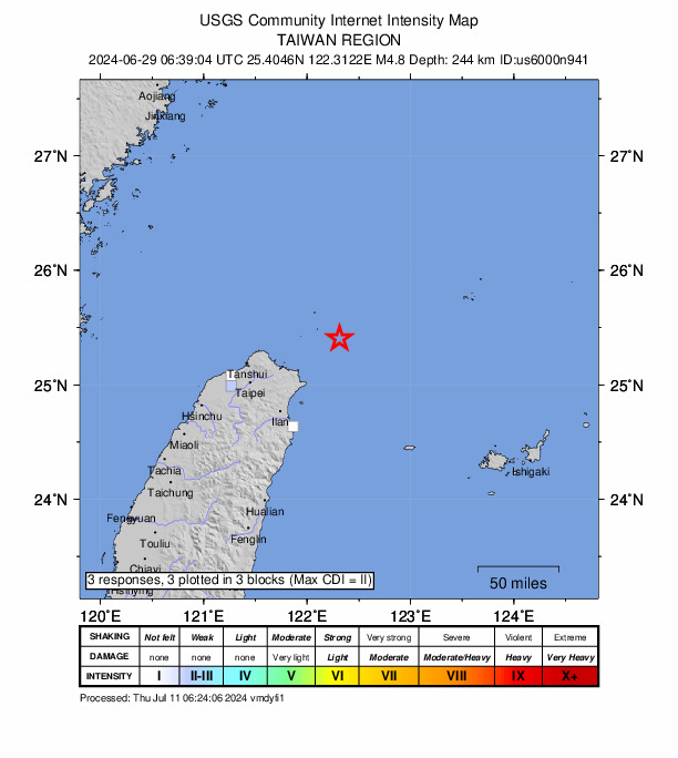 USGS DYFI community-reported intensity map for the M4.8 earthquake near 57 km NE of Jiufen, Taiwan