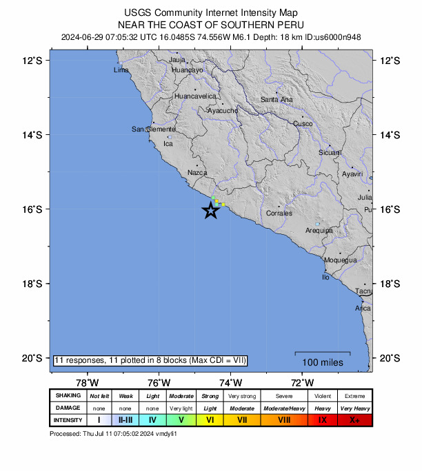 USGS DYFI community-reported intensity map for the M6.1 earthquake near 34 km SW of Atiquipa, Peru