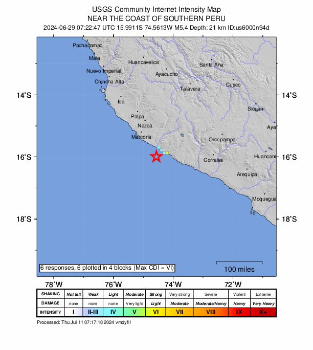USGS DYFI community-reported intensity map for the M5.4 earthquake near 30 km SW of Atiquipa, Peru