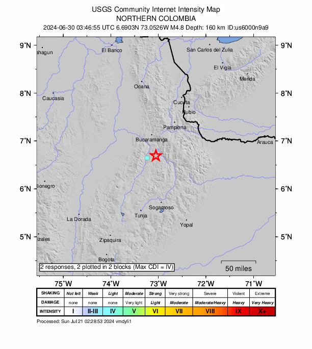 USGS DYFI community-reported intensity map for the M4.8 earthquake near 3 km W of Aratoca, Colombia