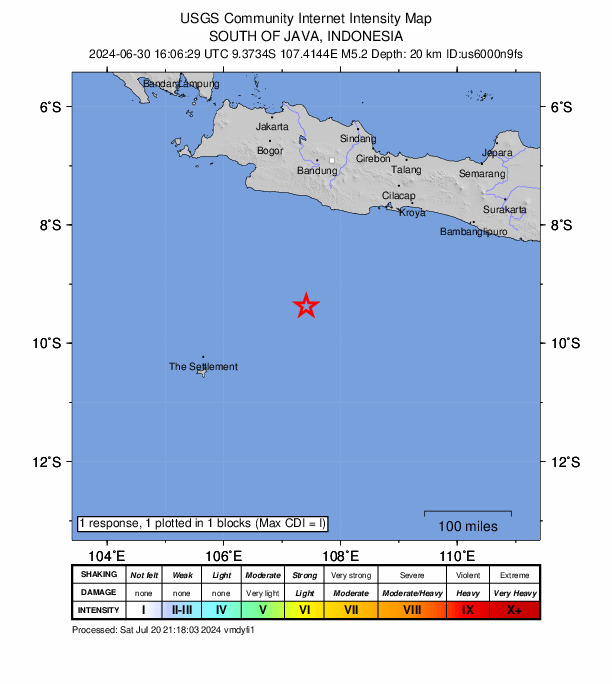 USGS DYFI community-reported intensity map for the M5.2 earthquake near 236 km SSW of Singaparna, Indonesia