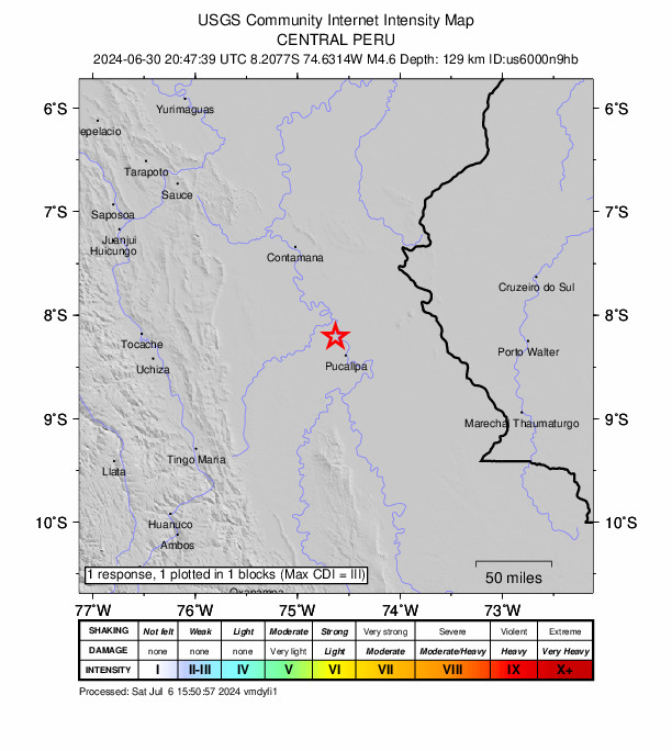 USGS DYFI community-reported intensity map for the M4.6 earthquake near 20 km NNW of Pucallpa, Peru