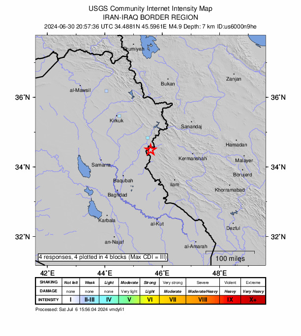 USGS DYFI community-reported intensity map for the M4.9 earthquake near 24 km W of Sarpol-e Z̄ahāb, Iran