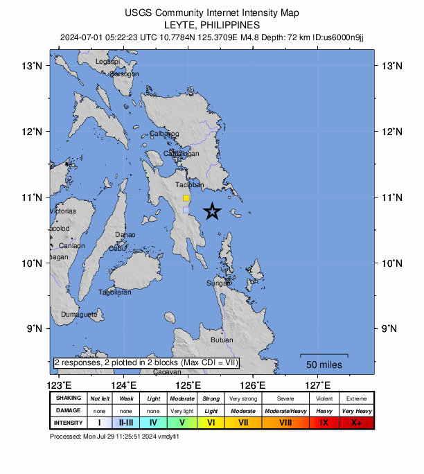 USGS DYFI community-reported intensity map for the M4.8 earthquake near 29 km NE of Hingatungan, Philippines