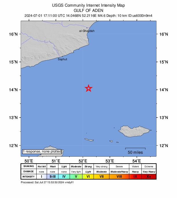USGS DYFI community-reported intensity map for the M4.6 earthquake near 209 km N of Kilmia, Yemen