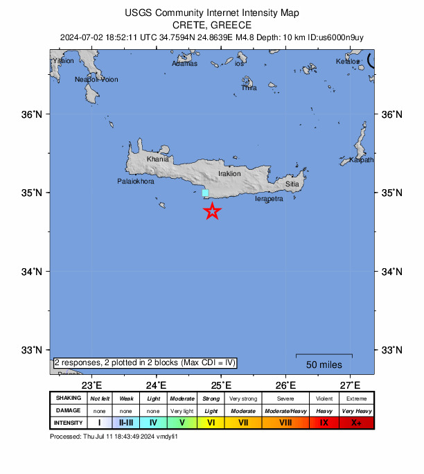 USGS DYFI community-reported intensity map for the M4.8 earthquake near 33 km S of Moíres, Greece