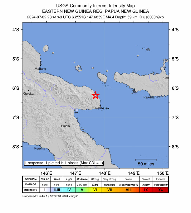 USGS DYFI community-reported intensity map for the M4.4 earthquake near 37 km NNW of Finschhafen, Papua New Guinea