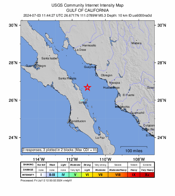 USGS DYFI community-reported intensity map for the M5.3 earthquake near 77 km NNE of Loreto, Mexico
