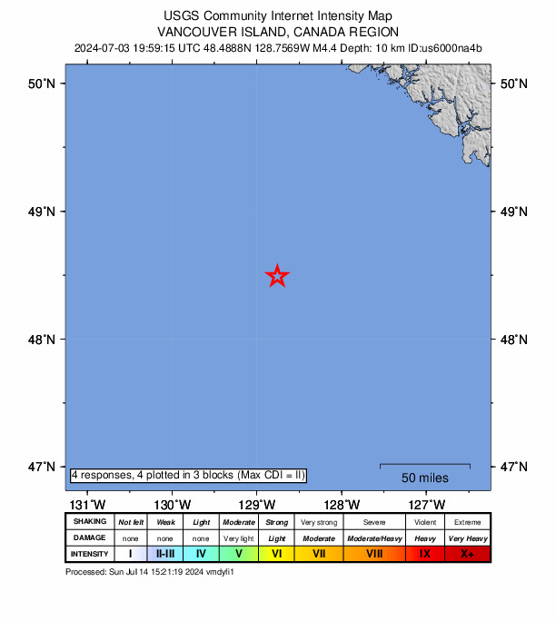 USGS DYFI community-reported intensity map for the M4.4 earthquake near 221 km WSW of Tofino, Canada