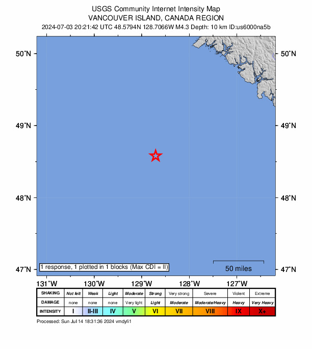 USGS DYFI community-reported intensity map for the M4.3 earthquake near 215 km WSW of Tofino, Canada