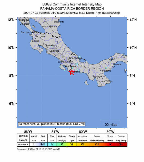 USGS DYFI community-reported intensity map for the M5.7 earthquake near 8 km SE of Puerto Armuelles, Panama