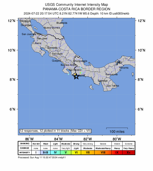 USGS DYFI community-reported intensity map for the M5.6 earthquake near 11 km ESE of Puerto Armuelles, Panama