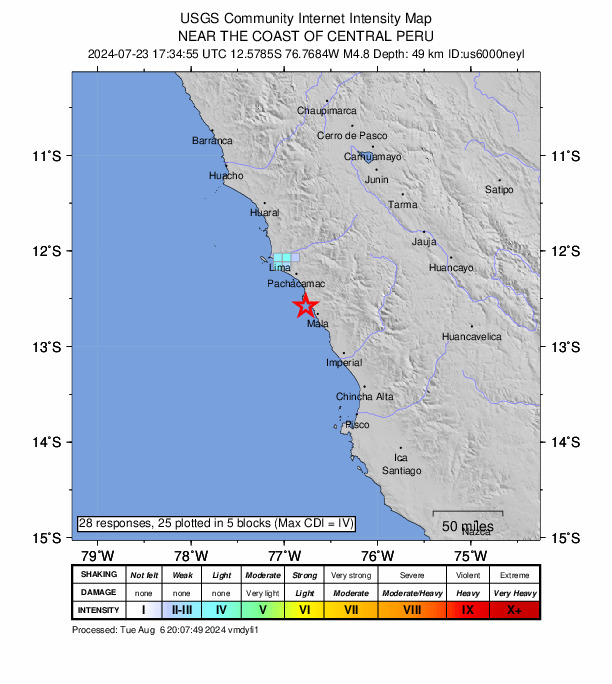 USGS DYFI community-reported intensity map for the M4.8 earthquake near 7 km SSW of Chilca, Peru