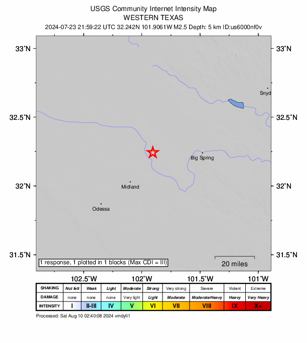 USGS DYFI community-reported intensity map for the M2.4 earthquake near 16 km NW of Stanton, Texas
