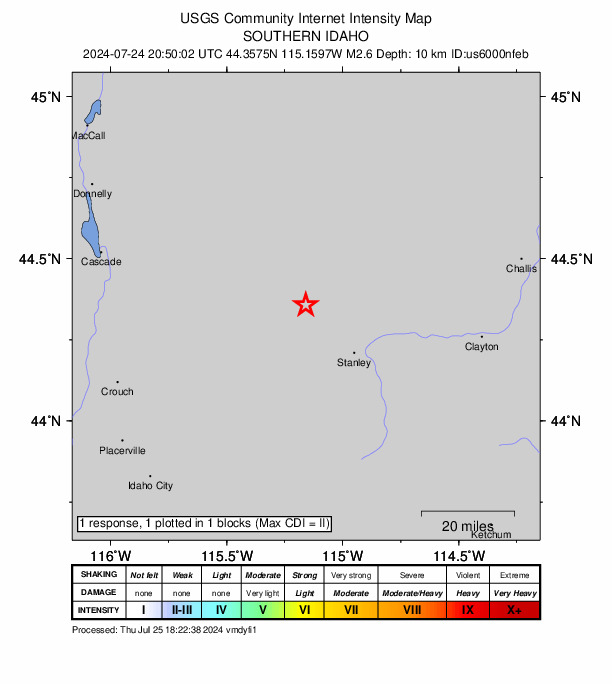 USGS DYFI community-reported intensity map for the M2.6 earthquake near 23 km NW of Stanley, Idaho