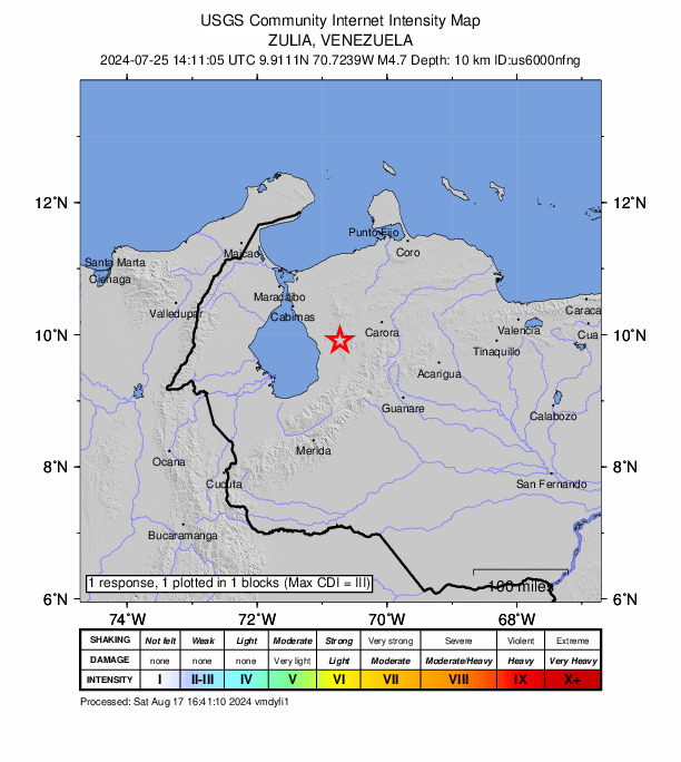 USGS DYFI community-reported intensity map for the M4.7 earthquake near 23 km ENE of Mene Grande, Venezuela