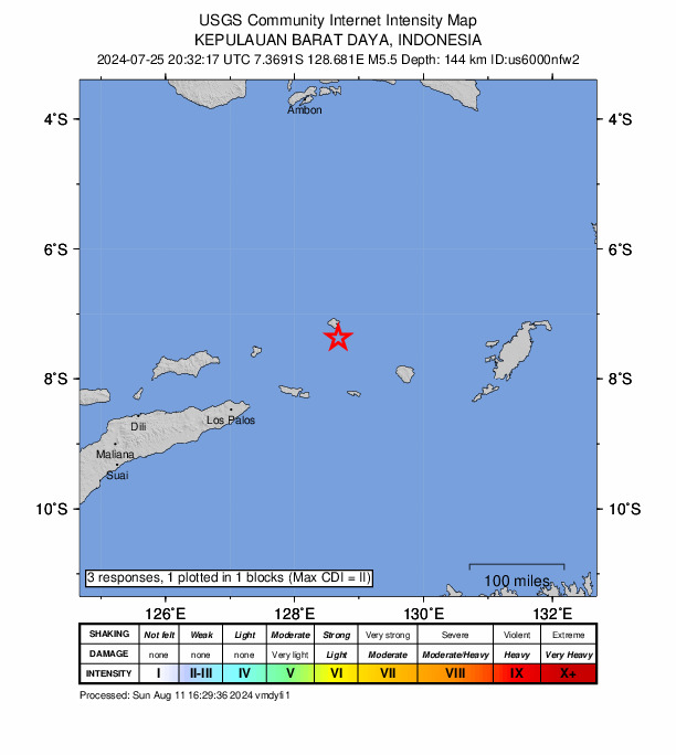 USGS DYFI community-reported intensity map for the M5.5 earthquake near 225 km NE of Lospalos, Timor Leste