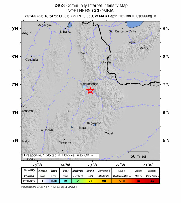 USGS DYFI community-reported intensity map for the M4.3 earthquake near 5 km NNE of Jordán, Colombia