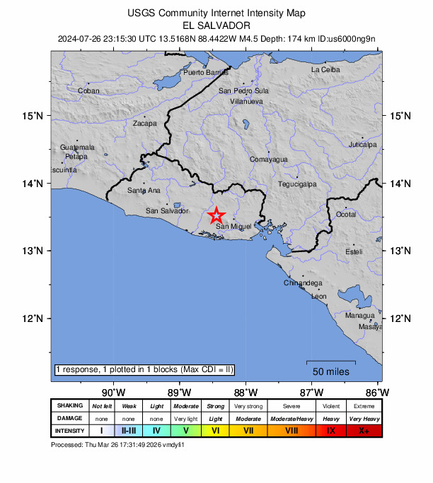 USGS DYFI community-reported intensity map for the M4.5 earthquake near 4 km NE of Santiago de María, El Salvador
