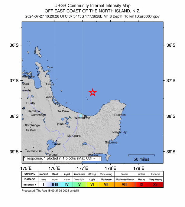 USGS DYFI community-reported intensity map for the M4.8 earthquake near 74 km N of Opotiki, New Zealand
