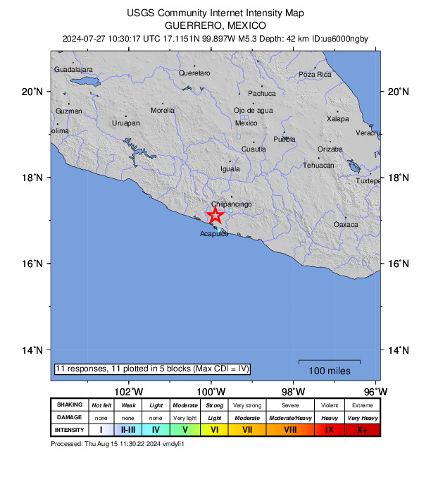 USGS DYFI community-reported intensity map for the M5.3 earthquake near 4 km NE of Platanillo, Mexico