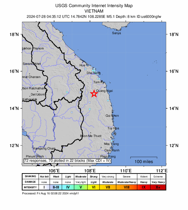 USGS DYFI community-reported intensity map for the M5.1 earthquake near 53 km NNE of Kon Tum, Vietnam