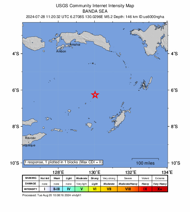 USGS DYFI community-reported intensity map for the M5.2 earthquake near Banda Sea